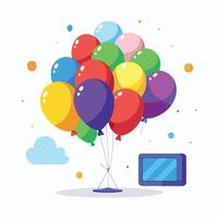 a balloon with a tablet and a bunch of colorful balloons vector