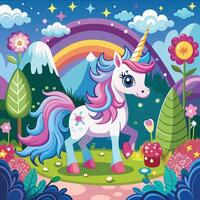 a cartoon unicorn in the forest with flowers and trees vector