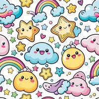 seamless pattern with cute clouds, stars and rainbows vector