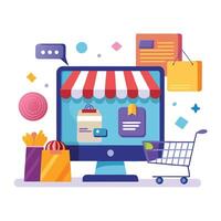 an illustration of a computer screen with shopping items vector