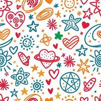 Whimsical, colorful, hand-drawn pattern of stars, hearts, rockets, and other playful shapes vector