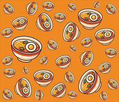 Seamless pattern of cartoon ramen bowls with egg and vegetables on an orange background. vector