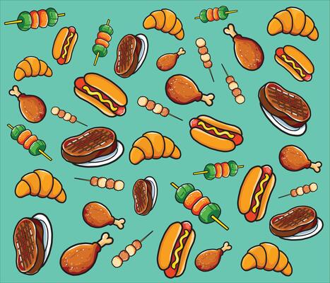 Fun and vibrant food illustration pattern with a variety of grilled and baked dishes, perfect for restaurant or cafe-themed designs