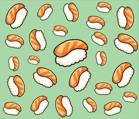 Tasty salmon sushi seamless pattern with fun and vibrant cartoon style for restaurant or kitchen decor