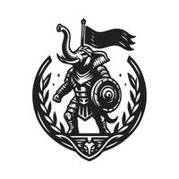 An elephant with a shield and sword in the middle of a laurel wreath vector