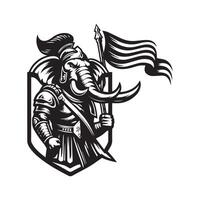 An elephant holding a flag and wearing armor vector