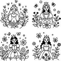 Set of cute princess illustrations with flowers and butterflies in doodle style vector