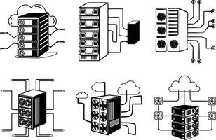Data center servers and cloud computing infrastructure illustration in black and white outline style vector