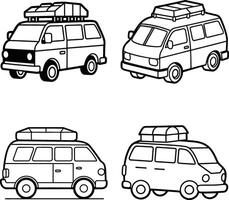 Outline illustration of camping vans with roof racks for adventure and travel vector