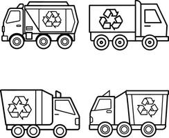 Recycling trucks cartoon outlines set for coloring book or educational materials vector