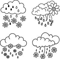 Four black and white clouds with rain and flowers doodles set vector