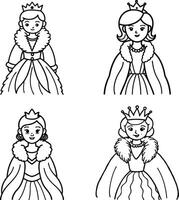 Cartoon queen character line art illustrations four different design variations vector
