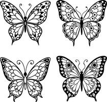 Collection of four black and white butterfly illustrations with intricate wing patterns vector