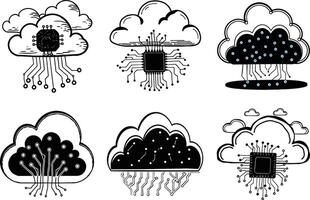 Cloud computing network doodle style icons set for digital technology vector