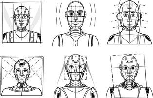 Robot head design sketches black and white engineering concept art vector