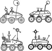 Four different designs of lunar rovers in black and white outline style vector