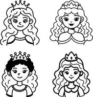Cute princess characters collection line art for coloring pages or design elements vector