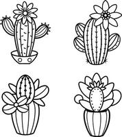 Set of four monochrome cactus illustrations in pots with flowers outline style vector