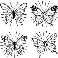 Four butterfly outlines with radiating lines simple black and white illustration vector