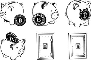 Black and white piggy bank with bitcoin and safe box illustration vector