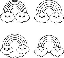 Set of cute rainbow and cloud doodles illustration in black and white vector