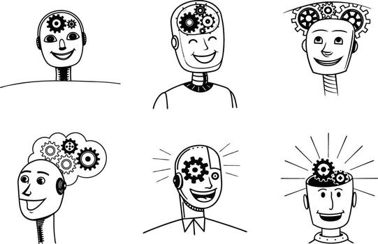 Robotic heads doodles with gears representing artificial intelligence and mechanical minds vector