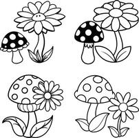 Mushroom and flower line art collection for coloring and creative design vector