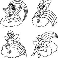 Four fantasy fairies sitting on clouds with rainbows outline illustration vector