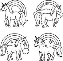 Unicorns with rainbows black and white line art coloring page style vector
