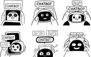 Cartoon chatbot characters interacting with mobile devices and tablets in black and white vector