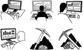 Cryptocurrency mining and trading doodle concept with computer screens and pickaxe vector