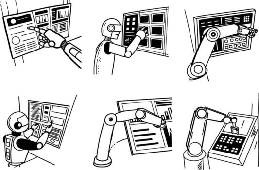 Robots and robotic arms interacting with screens and data monochrome line art vector