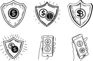 Cryptocurrency and digital asset security illustrations with dollar bitcoin and ethereum icons vector