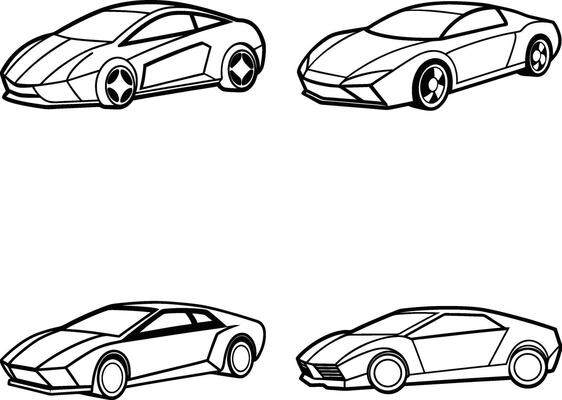 Set of four modern car outlines in black and white