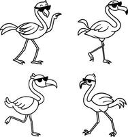 Cartoon flamingo characters with sunglasses outlines in different poses and expressions vector