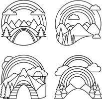 Mountain range rainbow forest scenery line art design set vector