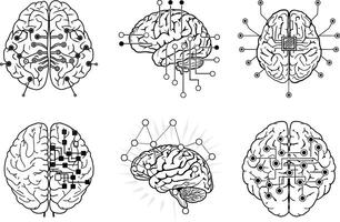 Artificial intelligence brain concept with circuitry and connection points black and white illustrations vector