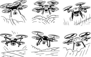 Drone sketch collection various flying scenes black and white illustrations vector