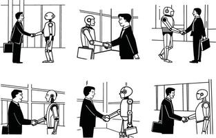 Human and robot handshake illustration of future collaboration and technology vector