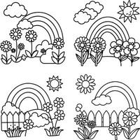 Line art collection featuring rainbows flowers clouds and suns for coloring pages vector