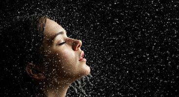 Woman Enjoying Refreshing Shower with Water Droplets Splashing Around photo