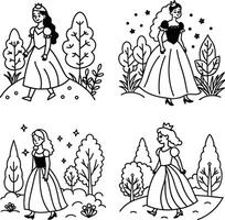 Cartoon princess characters outlines with forest backgrounds for coloring books vector