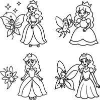 Princess and fairy cartoon characters outline illustration set vector