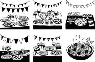 Hand drawn food party table seamless pattern featuring pizza pasta and wine vector