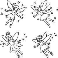 Outline illustration featuring flying cartoon fairies surrounded by sparkling stars vector