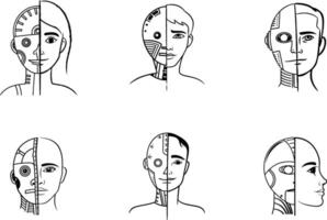 Human versus robot dichotomy showing various humanoid robotic interfaces design vector
