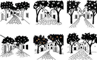 Seamless pattern of european street scenery with orange trees in black and white vector