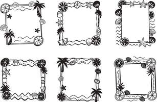 Set of tropical summer doodle frames with palm trees and seashells vector