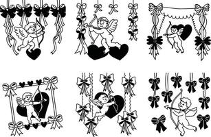 Black and white valentines day seamless pattern featuring cupids hearts and bows vector