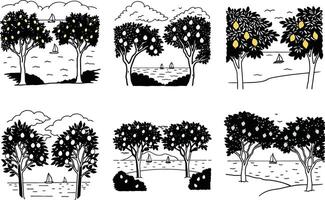 Black and white seamless pattern featuring lemon trees,sailboats,and coastal scenery vector